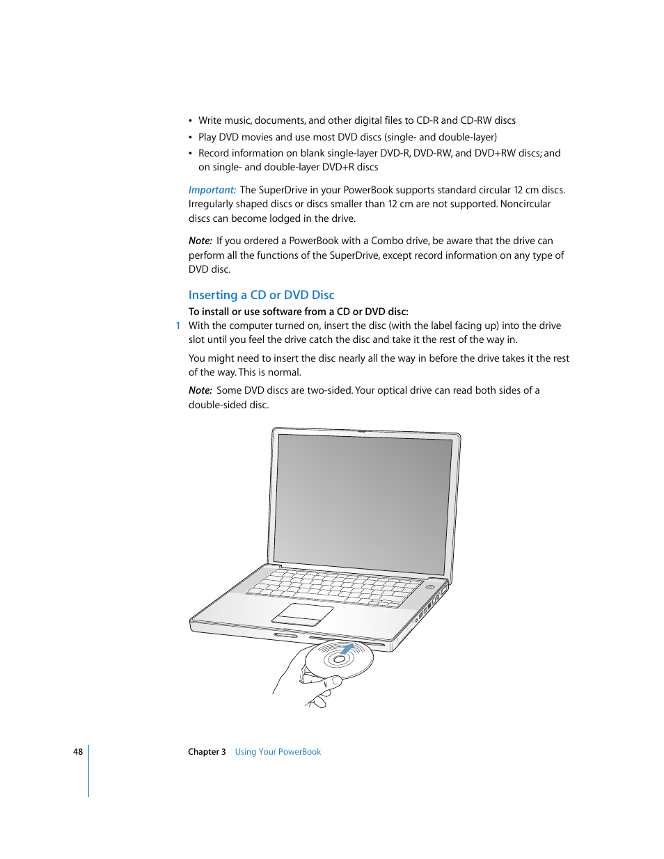 Inserting a cd or dvd disc | Apple PowerBook G4 (15-inch, Double Layer Super Drive) User Manual | Page 48 / 112