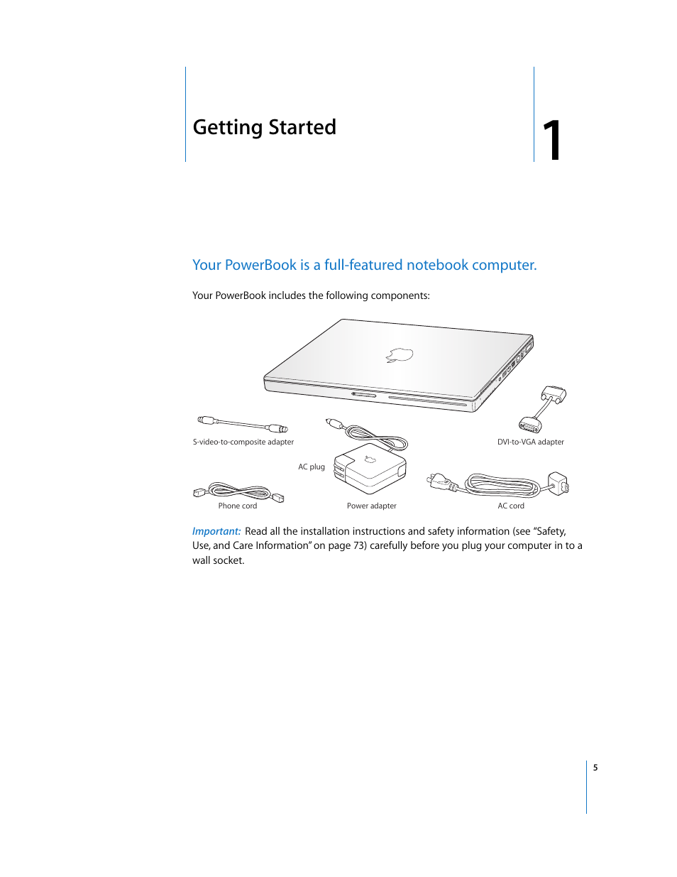 Getting started, Chapter 1 | Apple PowerBook G4 (15-inch, Double Layer Super Drive) User Manual | Page 5 / 112