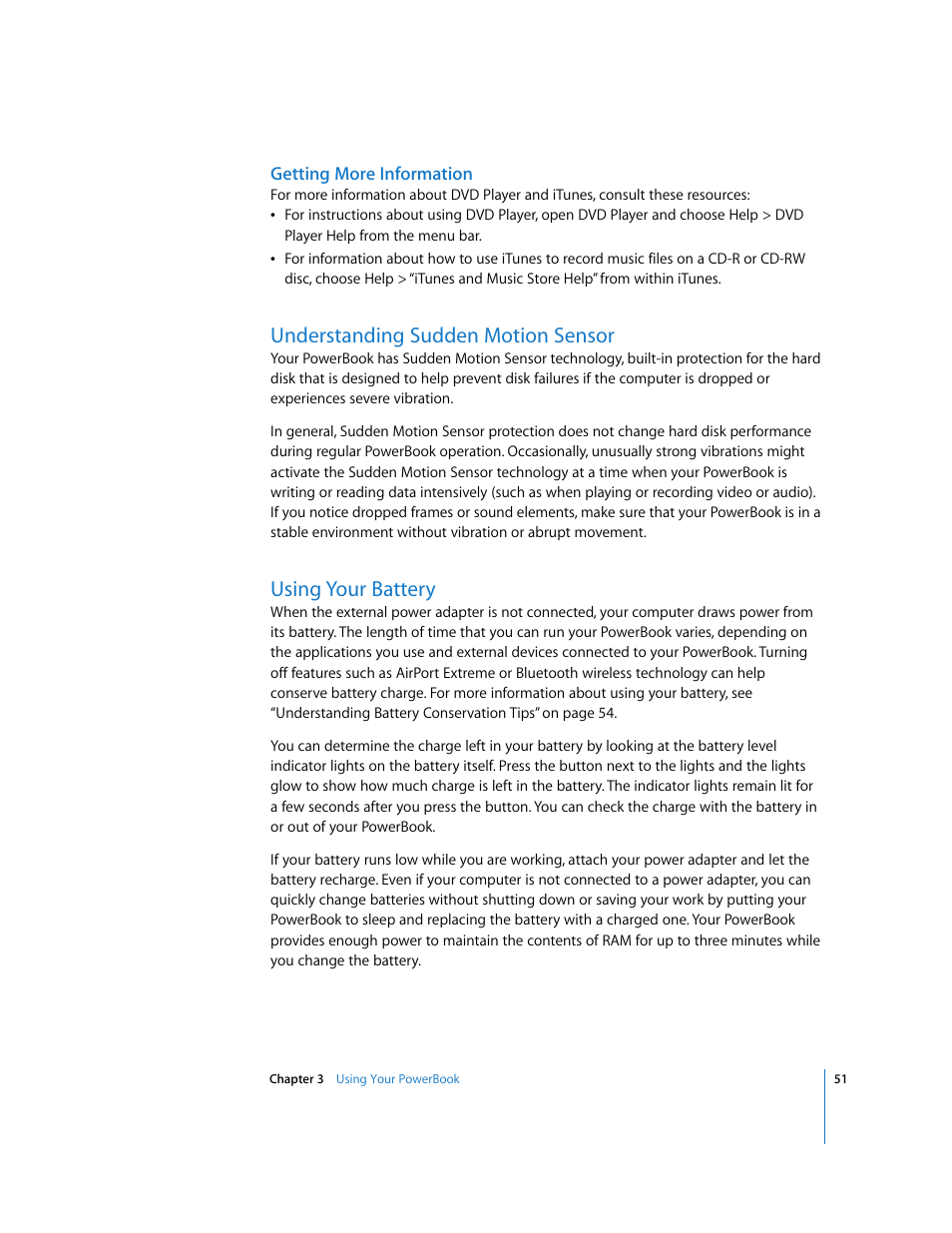 Understanding sudden motion sensor, Using your battery | Apple PowerBook G4 (15-inch, Double Layer Super Drive) User Manual | Page 51 / 112