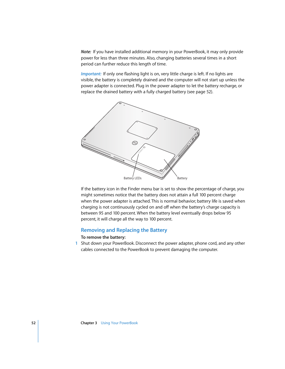 Removing and replacing the battery | Apple PowerBook G4 (15-inch, Double Layer Super Drive) User Manual | Page 52 / 112
