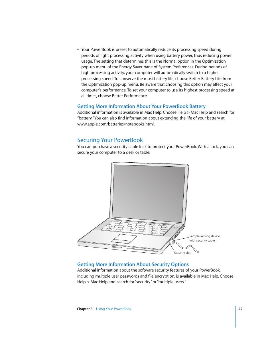 Securing your powerbook, Getting more information about security options | Apple PowerBook G4 (15-inch, Double Layer Super Drive) User Manual | Page 55 / 112