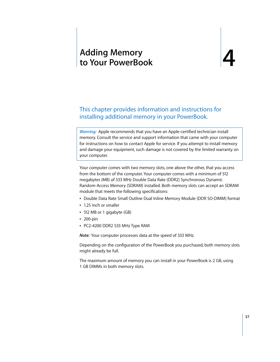 Adding memory to your powerbook, Chapter 4 | Apple PowerBook G4 (15-inch, Double Layer Super Drive) User Manual | Page 57 / 112