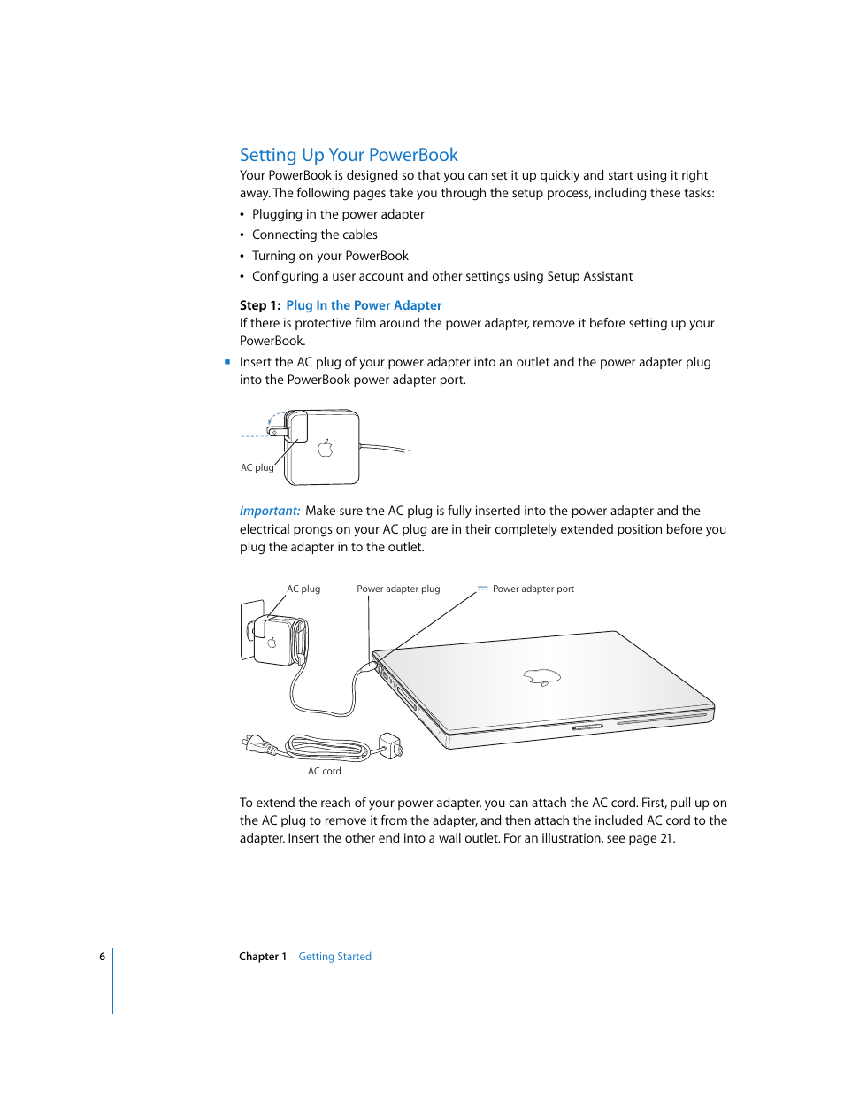 Setting up your powerbook | Apple PowerBook G4 (15-inch, Double Layer Super Drive) User Manual | Page 6 / 112