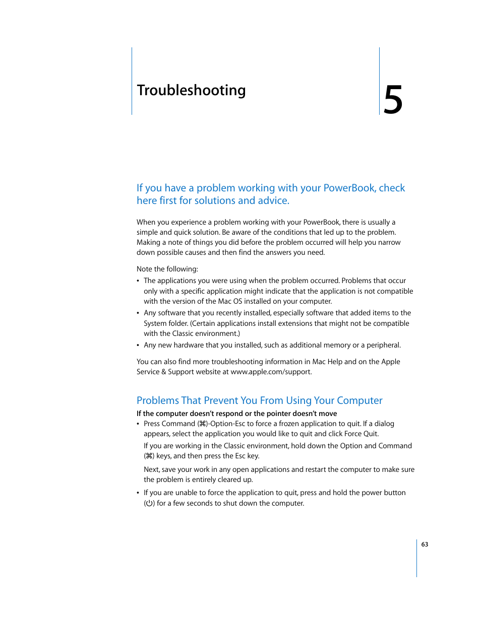 Troubleshooting, Problems that prevent you from using your computer, Chapter 5 | Apple PowerBook G4 (15-inch, Double Layer Super Drive) User Manual | Page 63 / 112