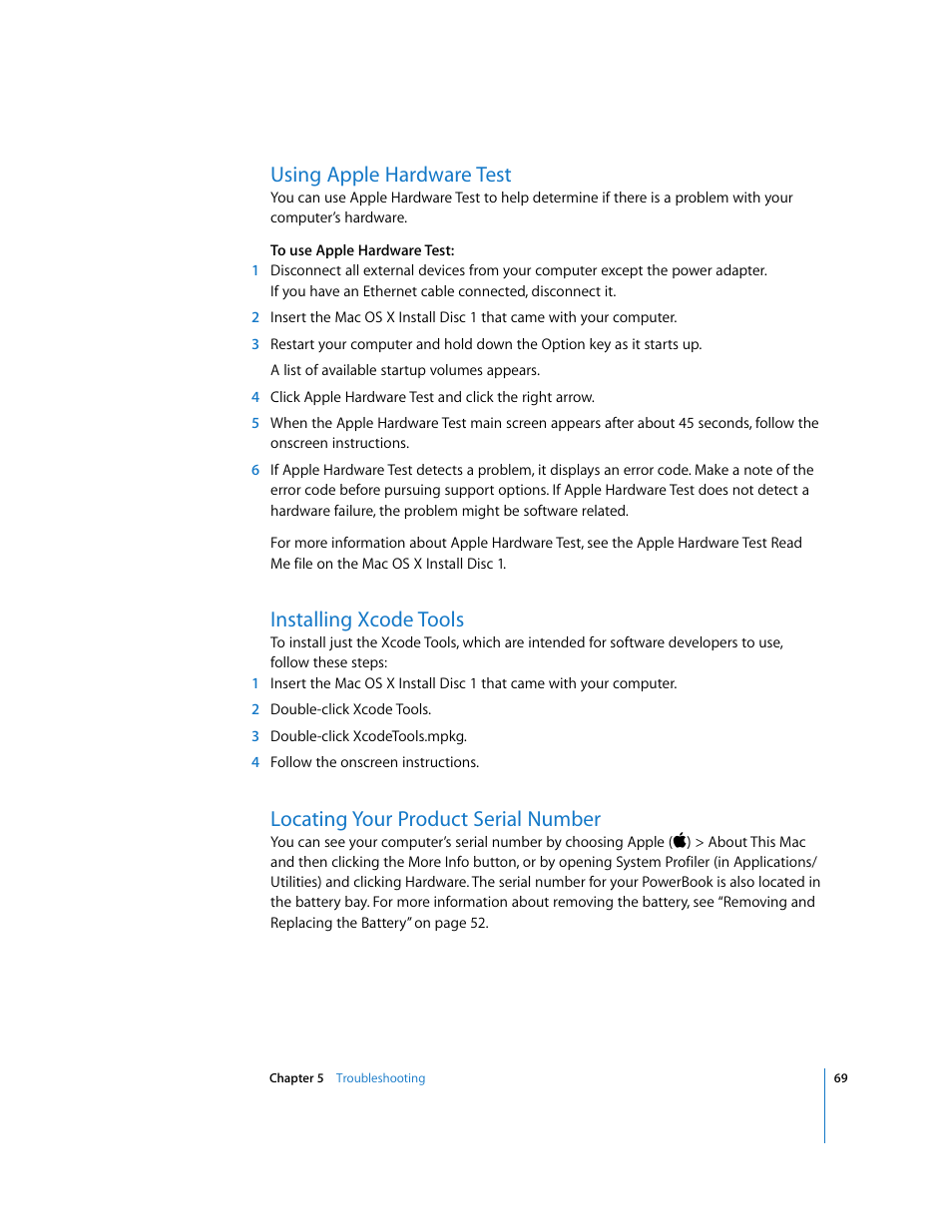 Using apple hardware test, Installing xcode tools, Locating your product serial number | Apple PowerBook G4 (15-inch, Double Layer Super Drive) User Manual | Page 69 / 112