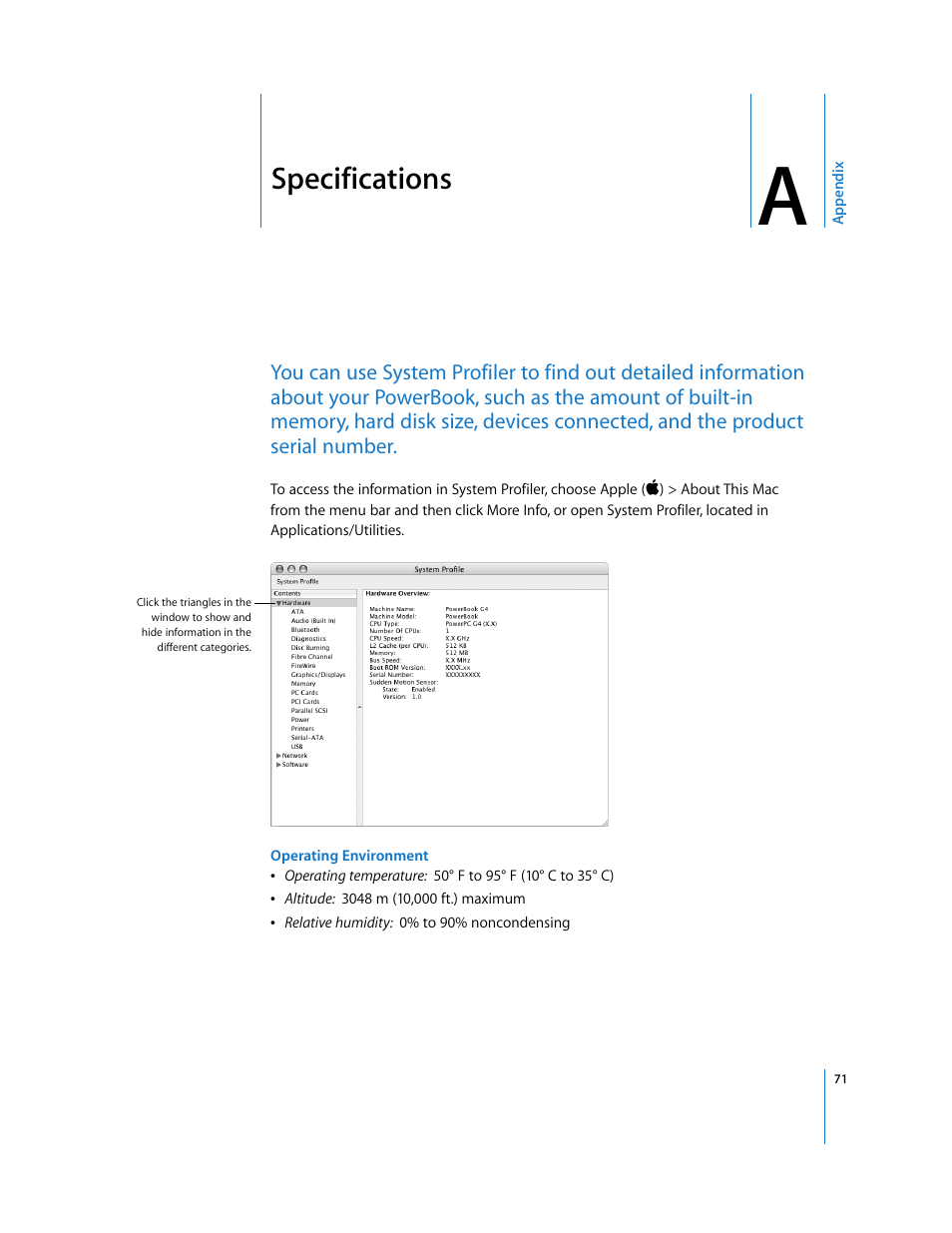 Specifications, Appendix a | Apple PowerBook G4 (15-inch, Double Layer Super Drive) User Manual | Page 71 / 112