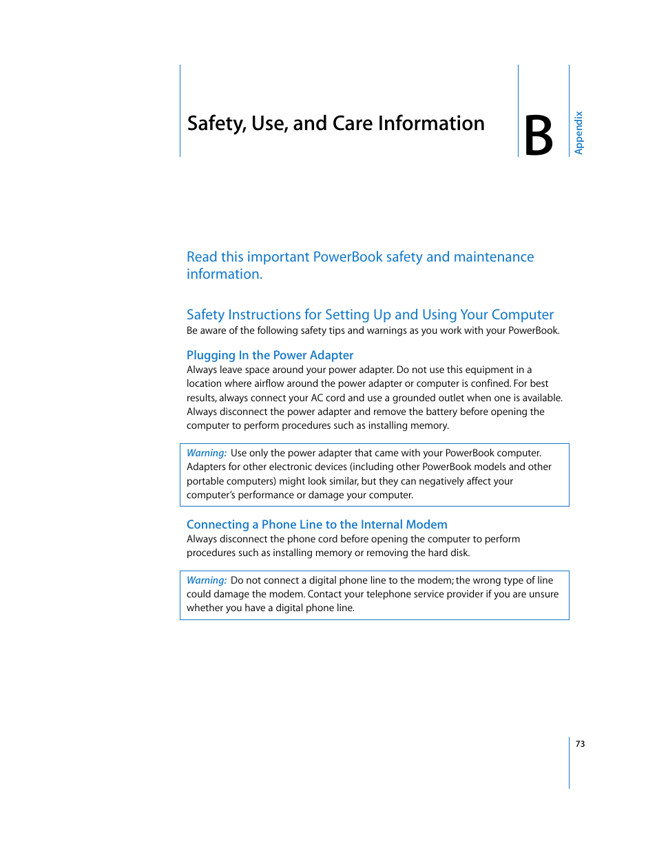 Safety, use, and care information, Appendix b | Apple PowerBook G4 (15-inch, Double Layer Super Drive) User Manual | Page 73 / 112
