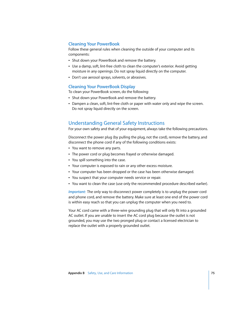 Understanding general safety instructions | Apple PowerBook G4 (15-inch, Double Layer Super Drive) User Manual | Page 75 / 112