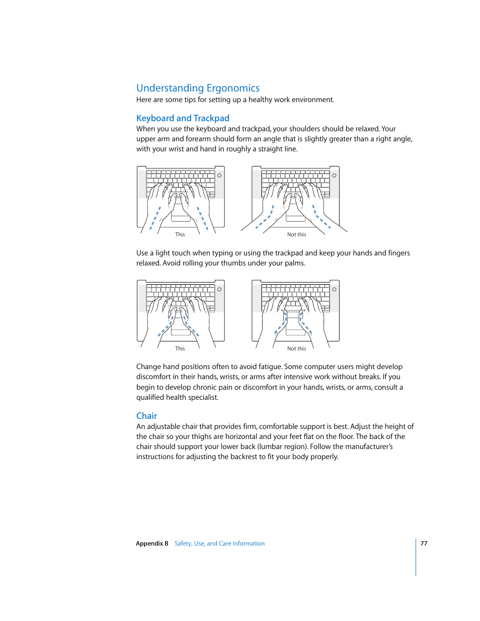 Understanding ergonomics, Keyboard and trackpad, Chair | Apple PowerBook G4 (15-inch, Double Layer Super Drive) User Manual | Page 77 / 112