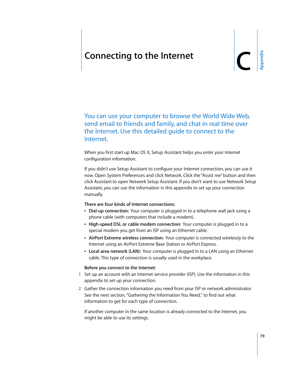 Connecting to the internet, Appendix c | Apple PowerBook G4 (15-inch, Double Layer Super Drive) User Manual | Page 79 / 112