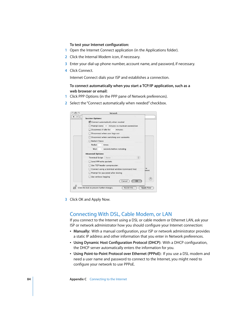 Connecting with dsl, cable modem, or lan | Apple PowerBook G4 (15-inch, Double Layer Super Drive) User Manual | Page 84 / 112