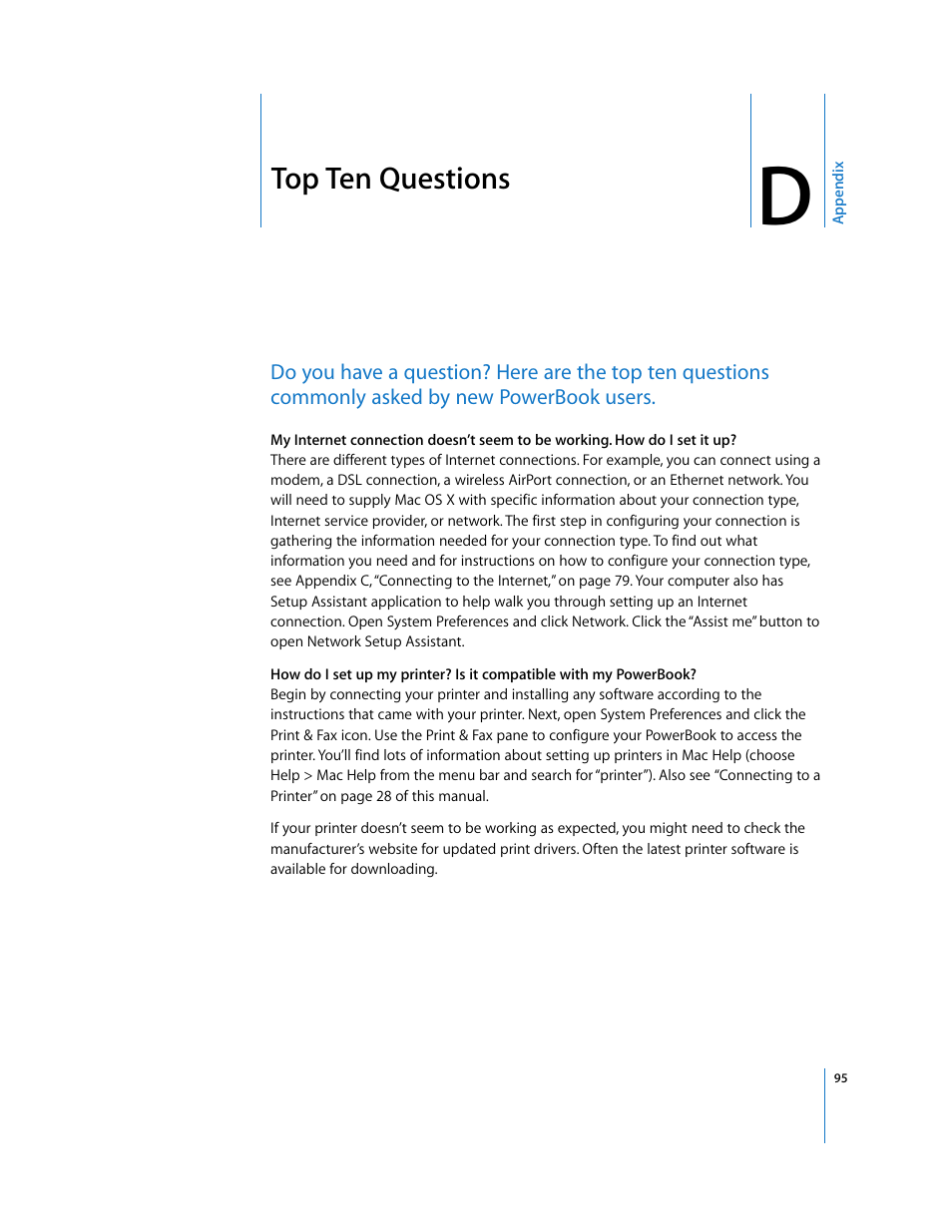 Top ten questions, Appendix d, Ee appendix d, “top ten | Apple PowerBook G4 (15-inch, Double Layer Super Drive) User Manual | Page 95 / 112