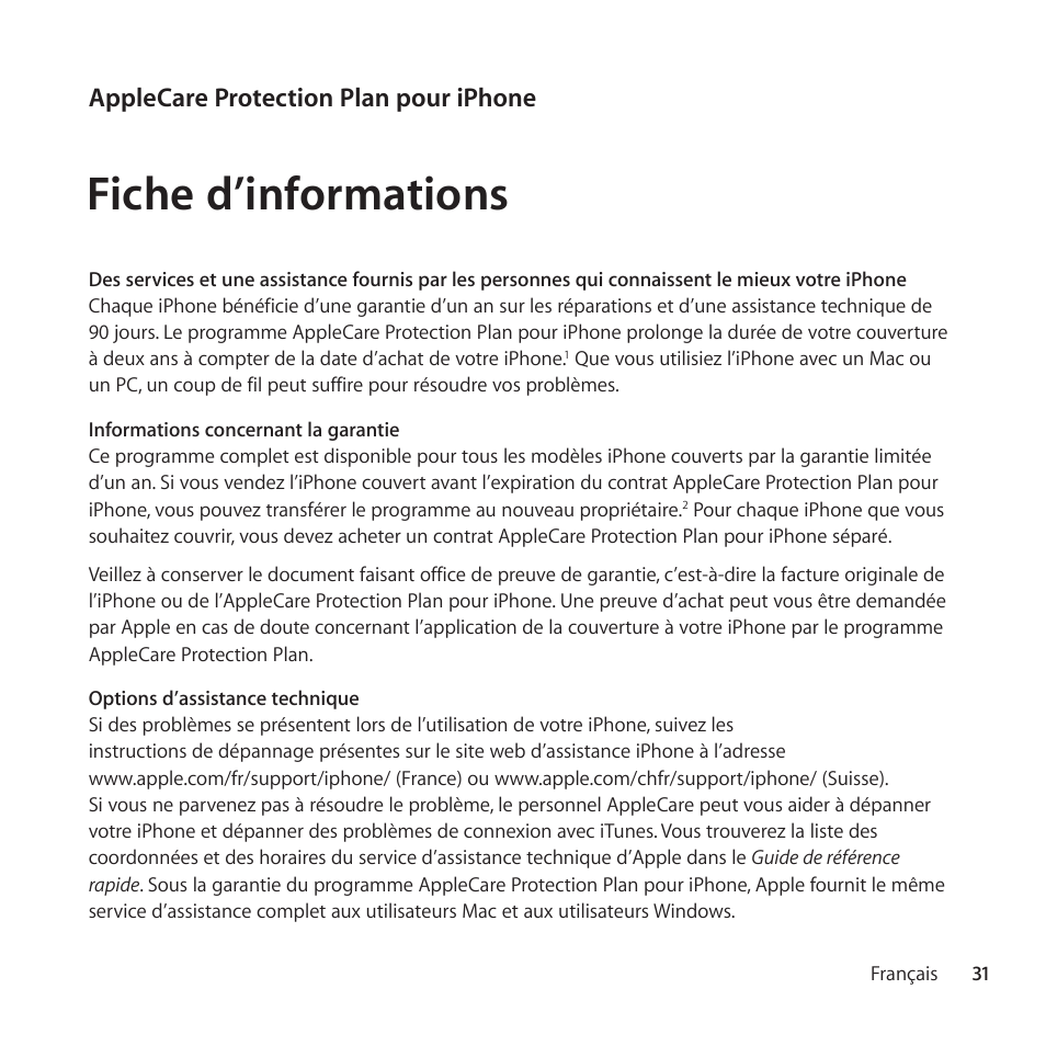 Français, Fiche d’informations, Applecare protection plan pour iphone | Apple AppleCare Protection Plan for iPhone User Manual | Page 31 / 88