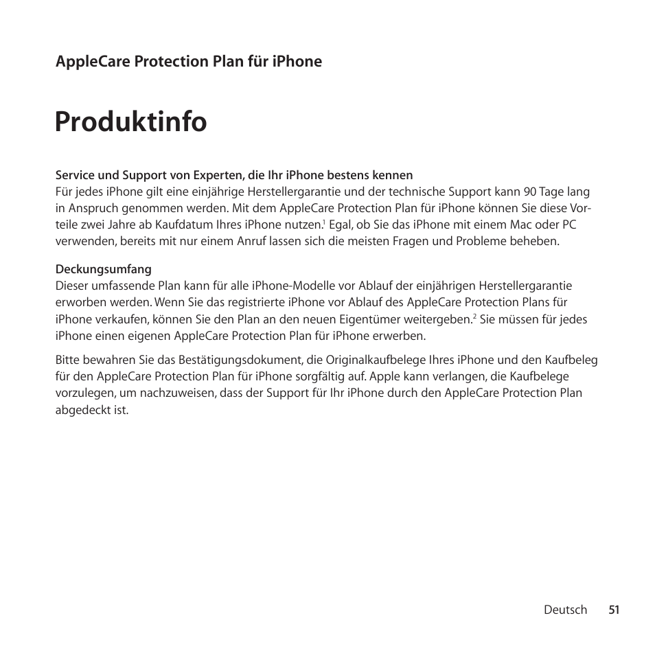 Deutsch, Produktinfo, Applecare protection plan für iphone | Apple AppleCare Protection Plan for iPhone User Manual | Page 51 / 88