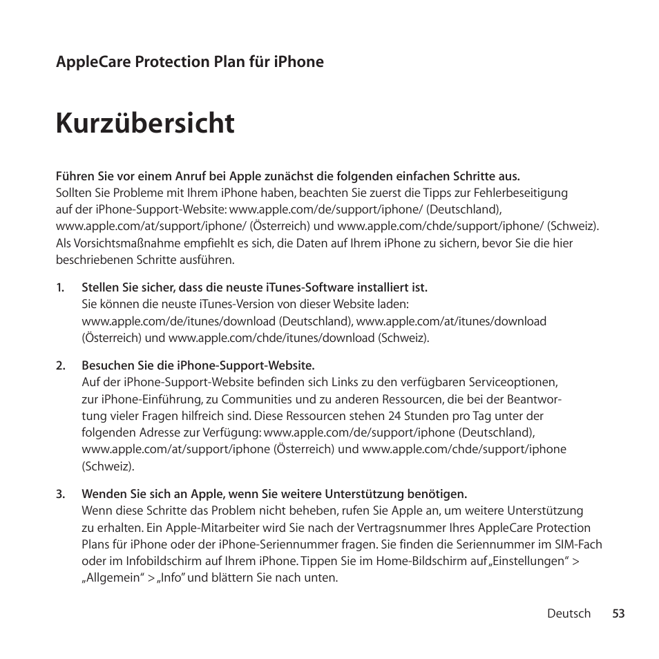 Kurzübersicht | Apple AppleCare Protection Plan for iPhone User Manual | Page 53 / 88