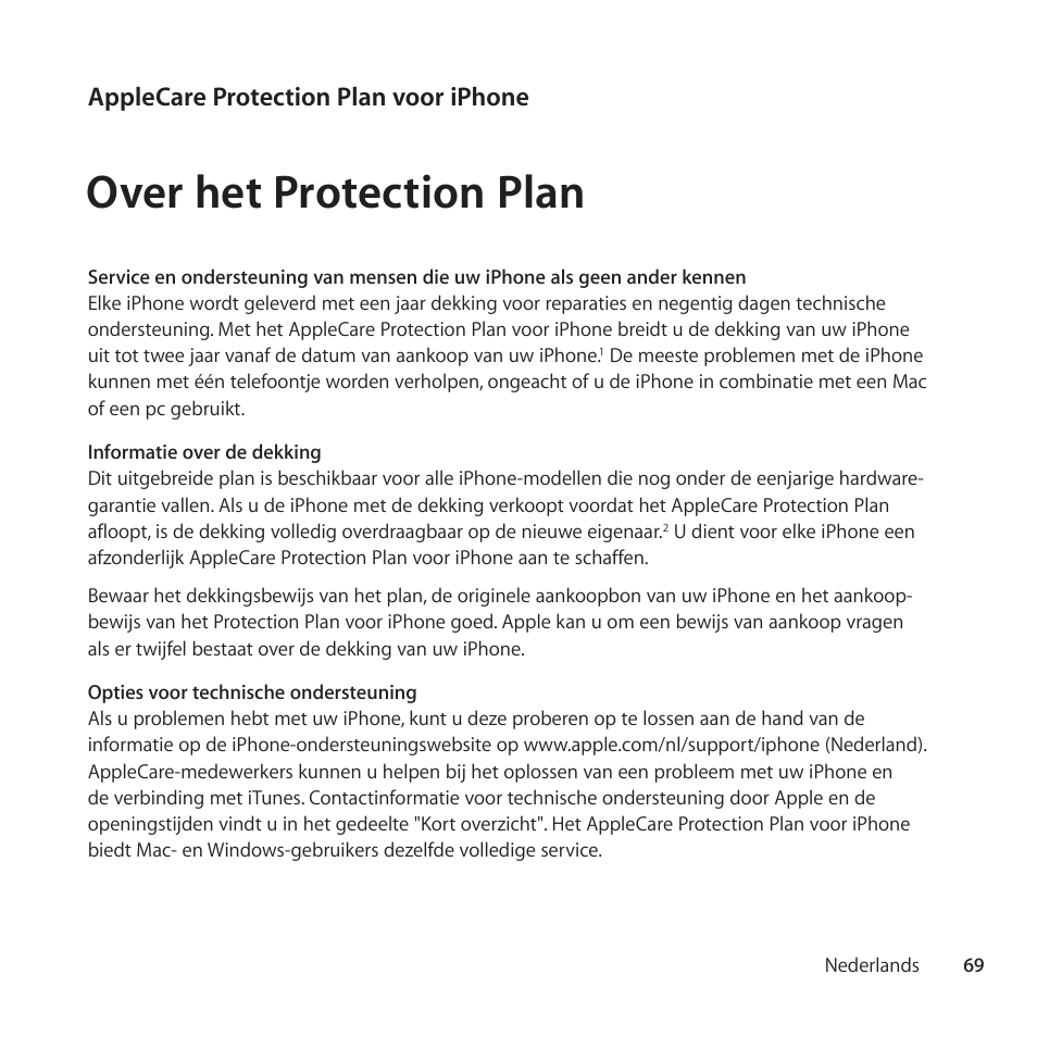 Nederlands, Over het protection plan, Applecare protection plan voor iphone | Apple AppleCare Protection Plan for iPhone User Manual | Page 69 / 88