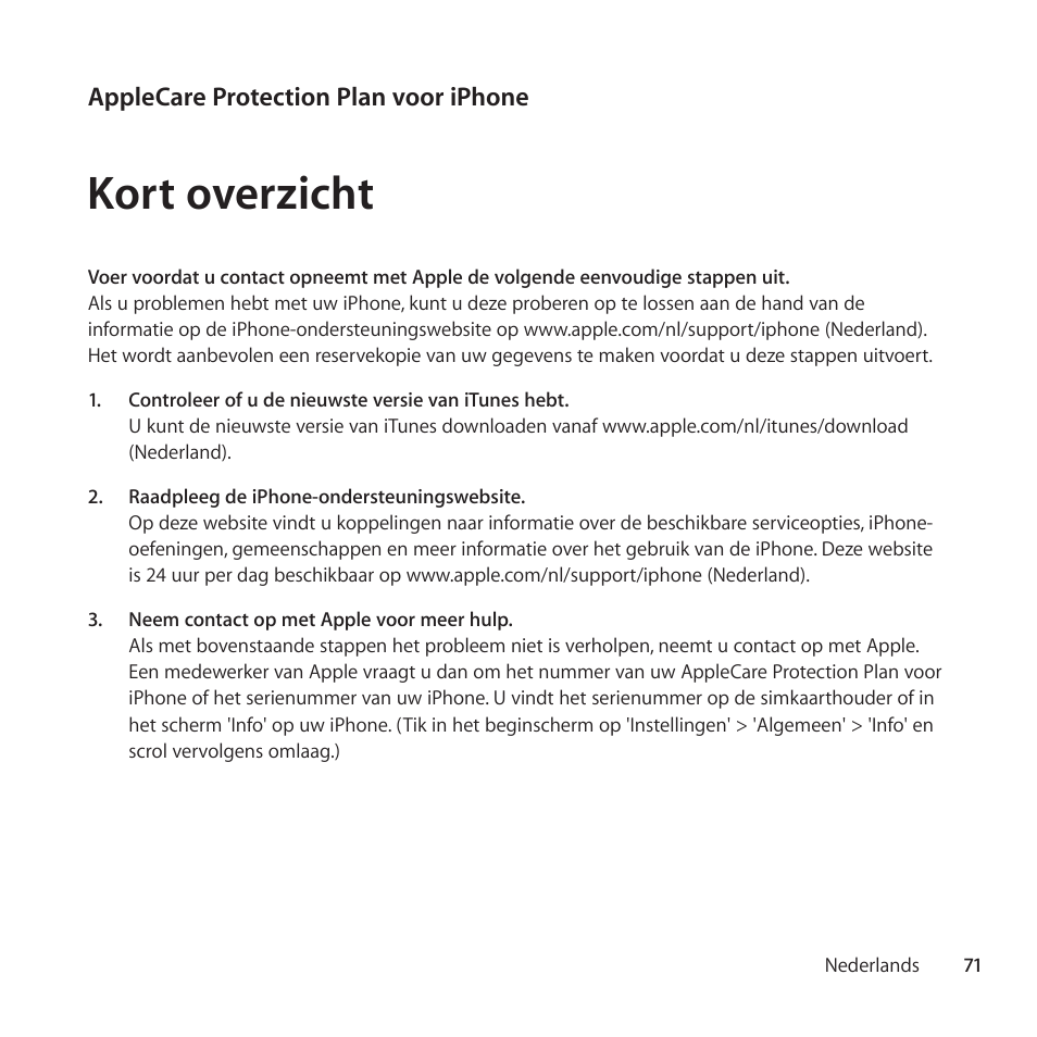 Kort overzicht | Apple AppleCare Protection Plan for iPhone User Manual | Page 71 / 88