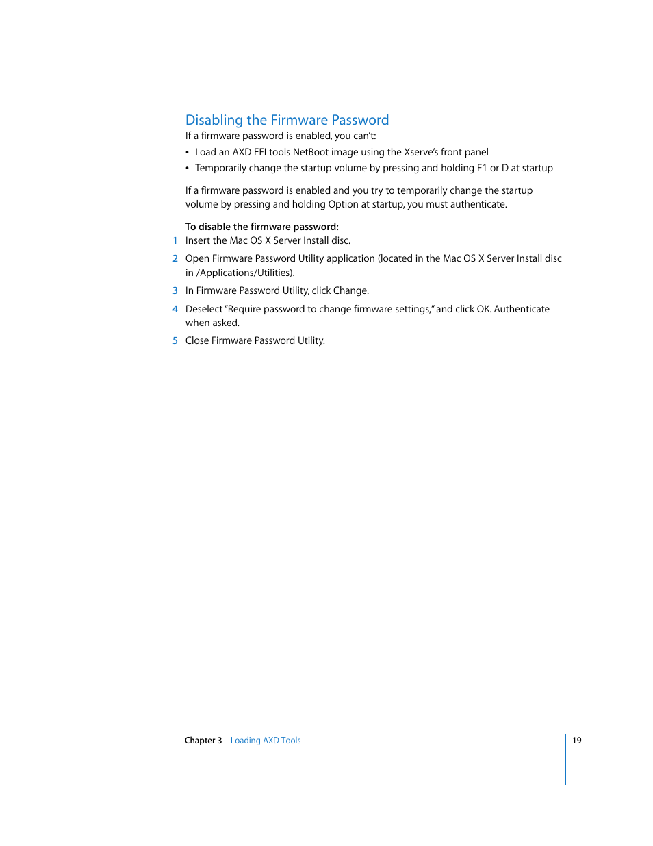 Disabling the firmware password | Apple Xserve Diagnostics User Manual | Page 19 / 38