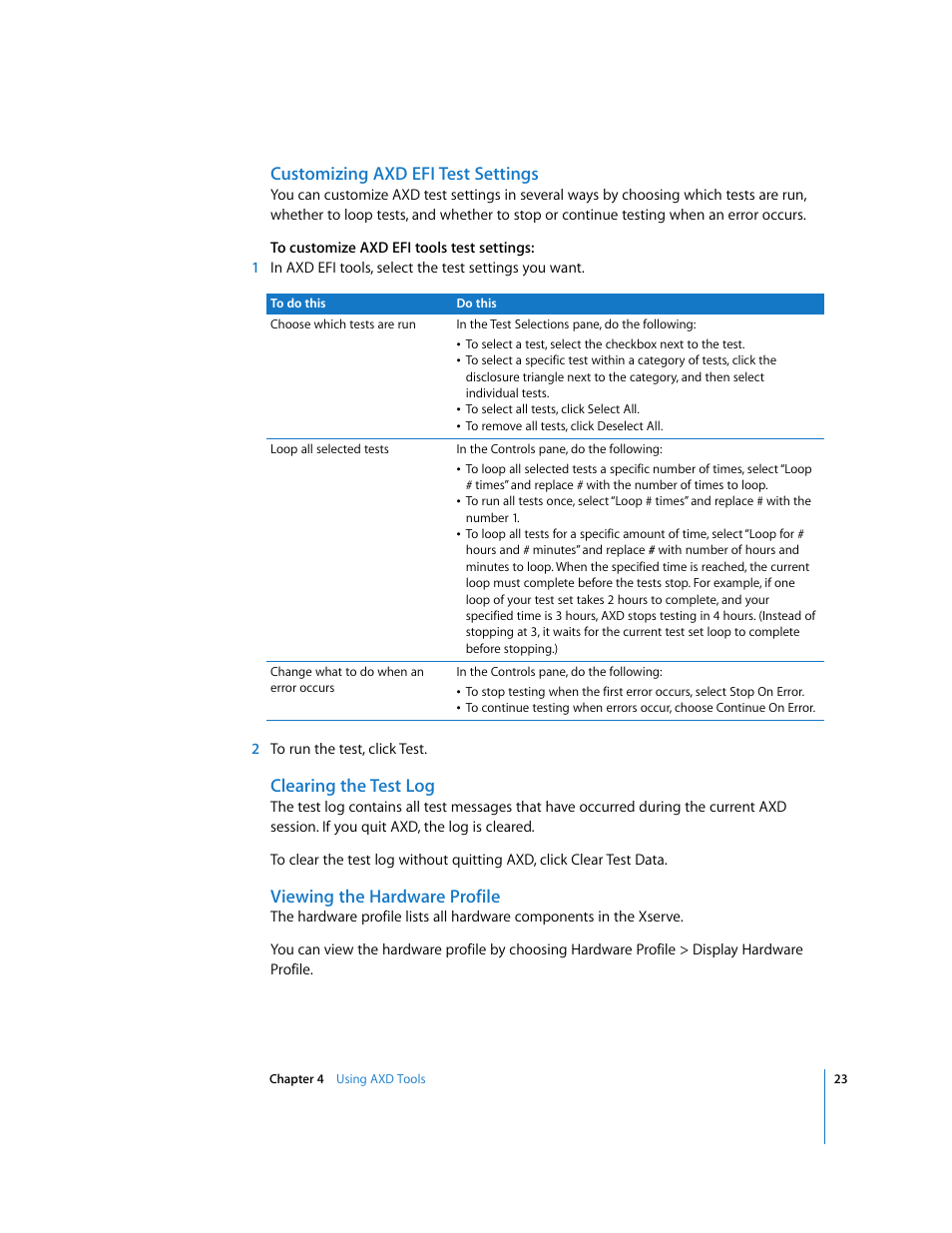 Customizing axd efi test settings, Clearing the test log, Viewing the hardware profile | Apple Xserve Diagnostics User Manual | Page 23 / 38