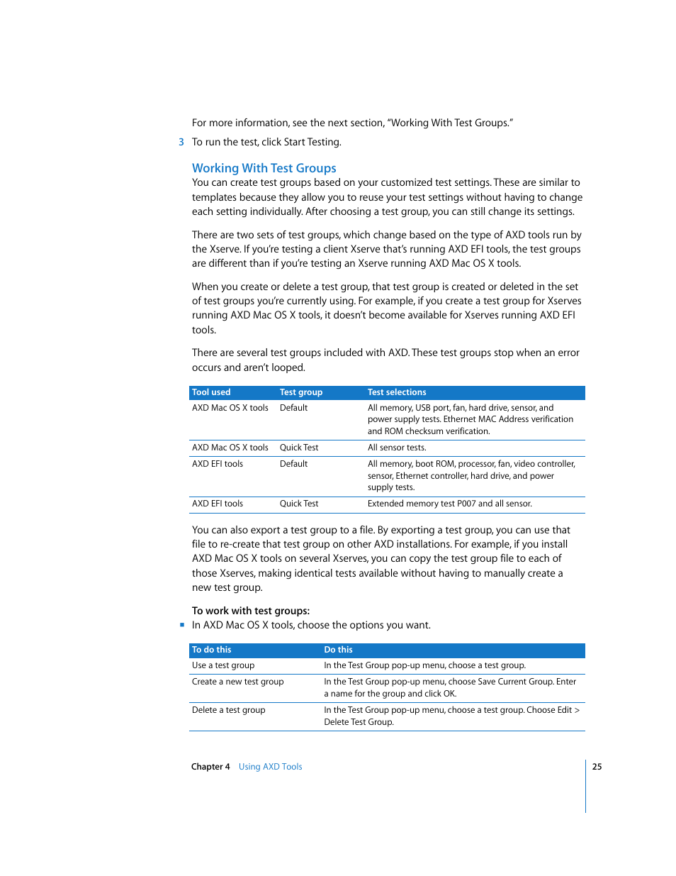 Working with test groups | Apple Xserve Diagnostics User Manual | Page 25 / 38