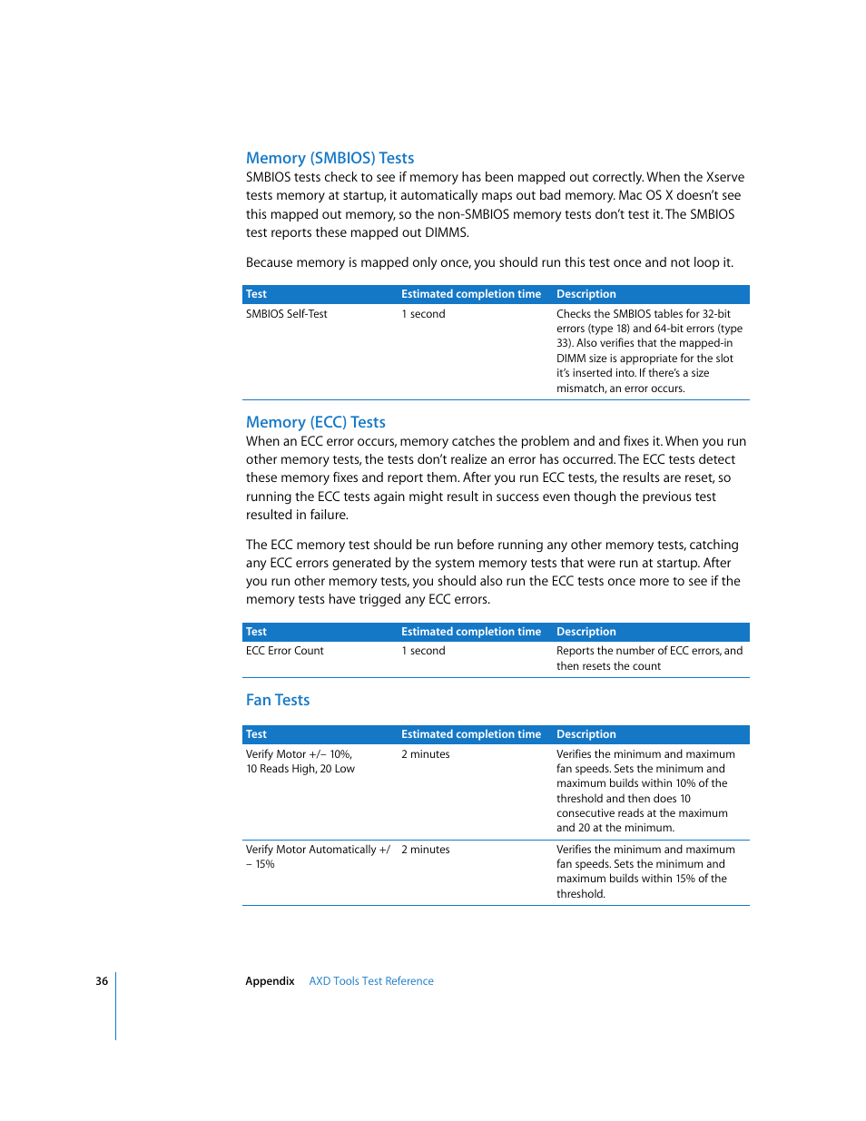 Memory (smbios) tests, Memory (ecc) tests, Fan tests | Apple Xserve Diagnostics User Manual | Page 36 / 38