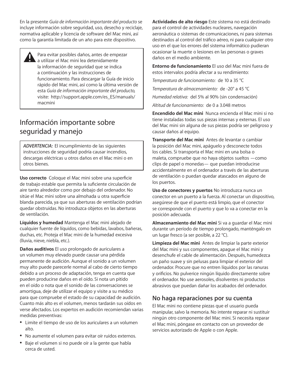 Información importante sobre seguridad y manejo | Apple Mac mini (Late 2012) User Manual | Page 2 / 12