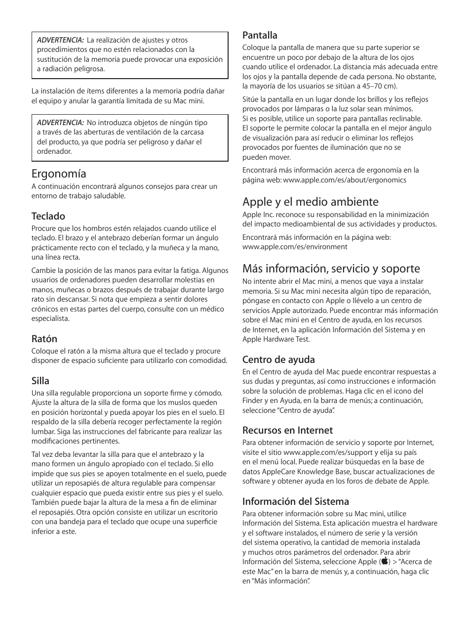 Apple y el medio ambiente, Más información, servicio y soporte, Ergonomía | Apple Mac mini (Late 2012) User Manual | Page 3 / 12