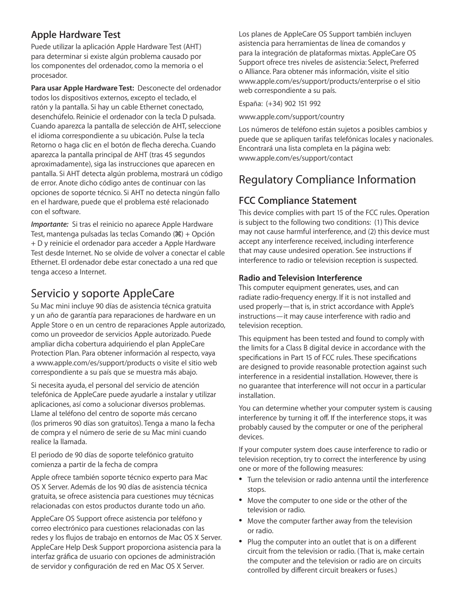 Regulatory compliance information, Servicio y soporte applecare | Apple Mac mini (Late 2012) User Manual | Page 4 / 12