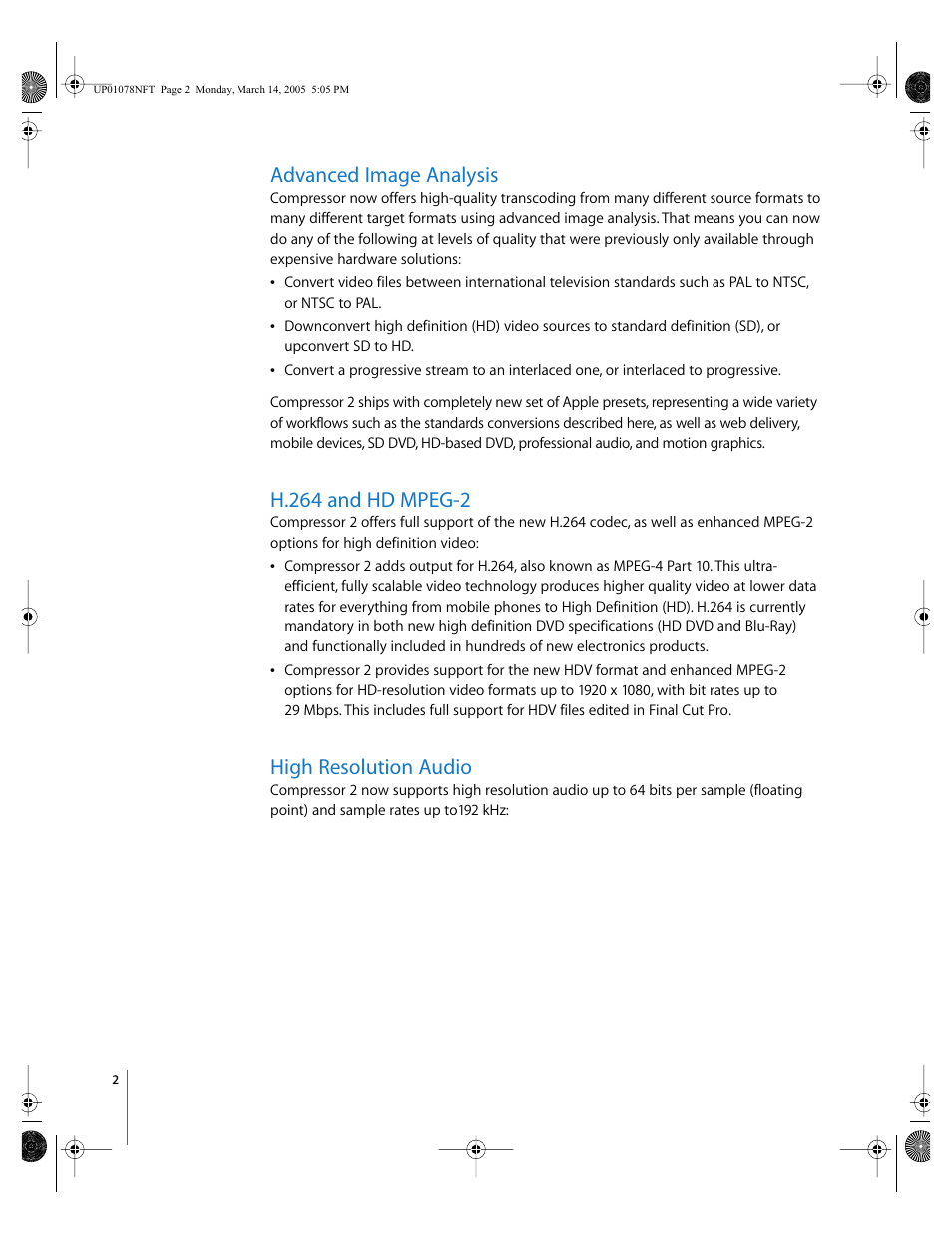 Advanced image analysis, H.264 and hd mpeg-2, High resolution audio | Apple New Features in Compressor 2 User Manual | Page 2 / 3