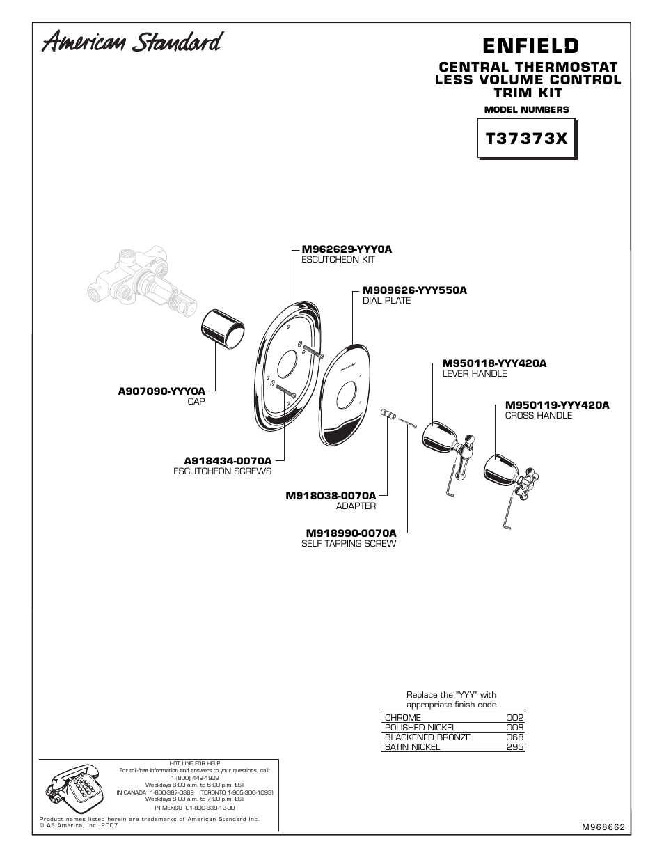 American Standard Enfield T37373X User Manual | 1 page