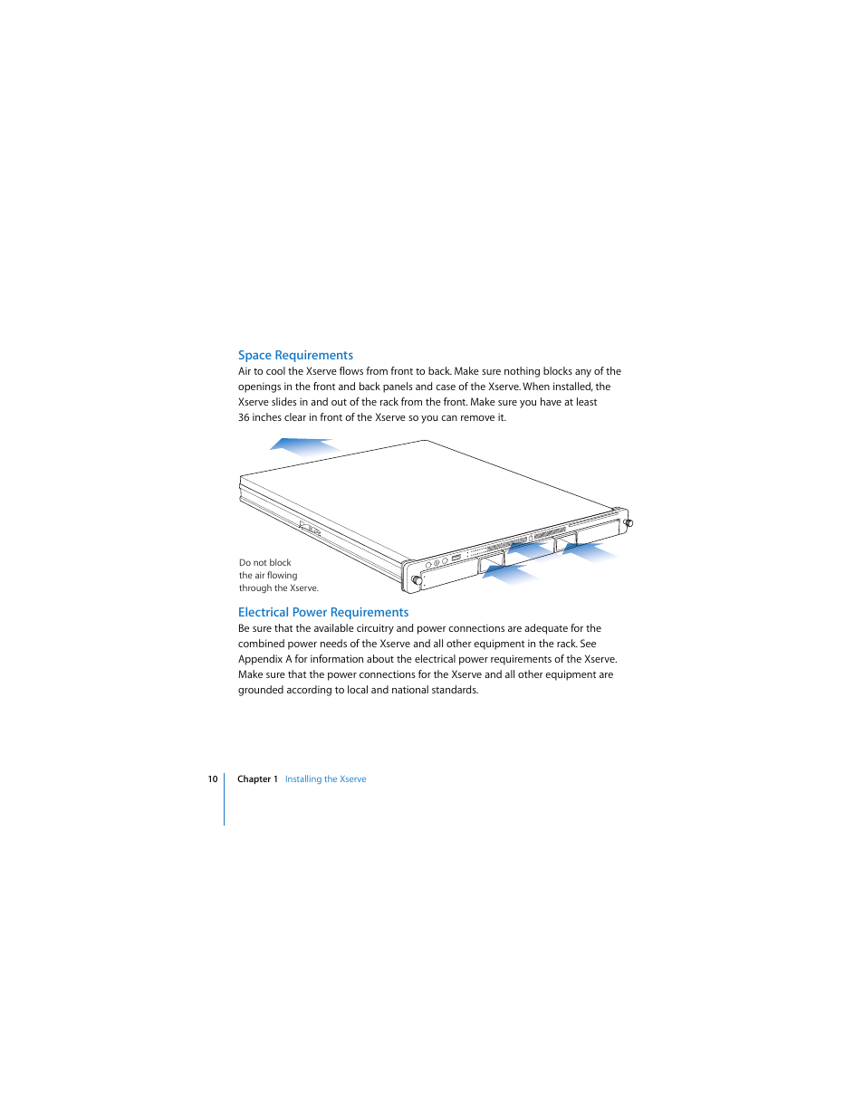 Space requirements, Electrical power requirements | Apple Xserve (Early 2008) User Manual | Page 10 / 60
