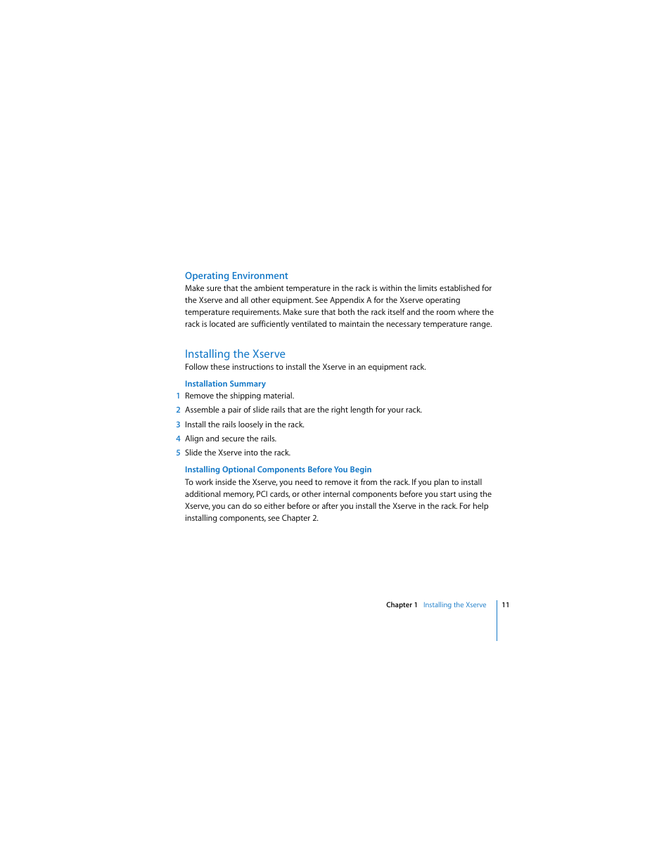 Operating environment, Installing the xserve | Apple Xserve (Early 2008) User Manual | Page 11 / 60