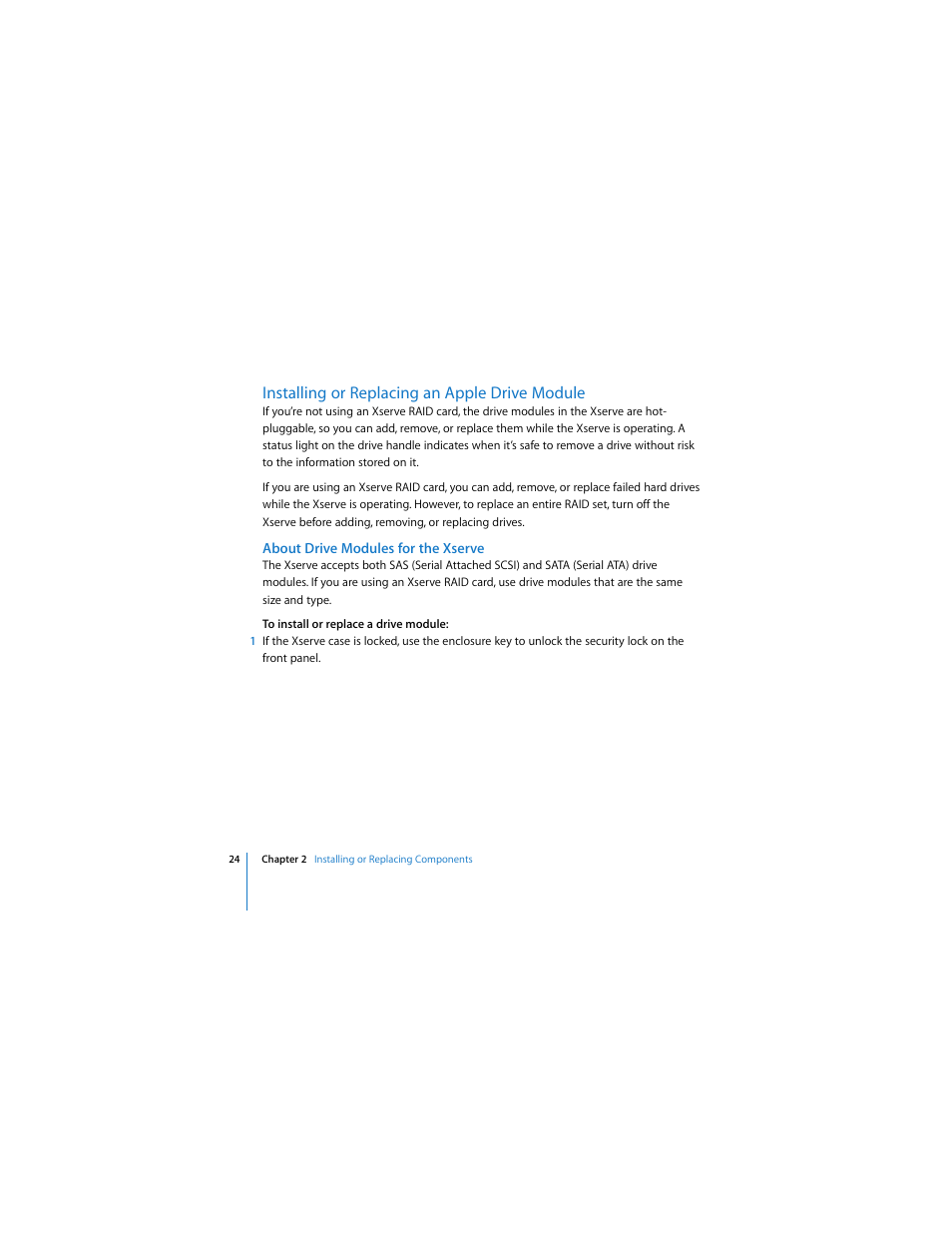 Installing or replacing an apple drive module, About drive modules for the xserve | Apple Xserve (Early 2008) User Manual | Page 24 / 60