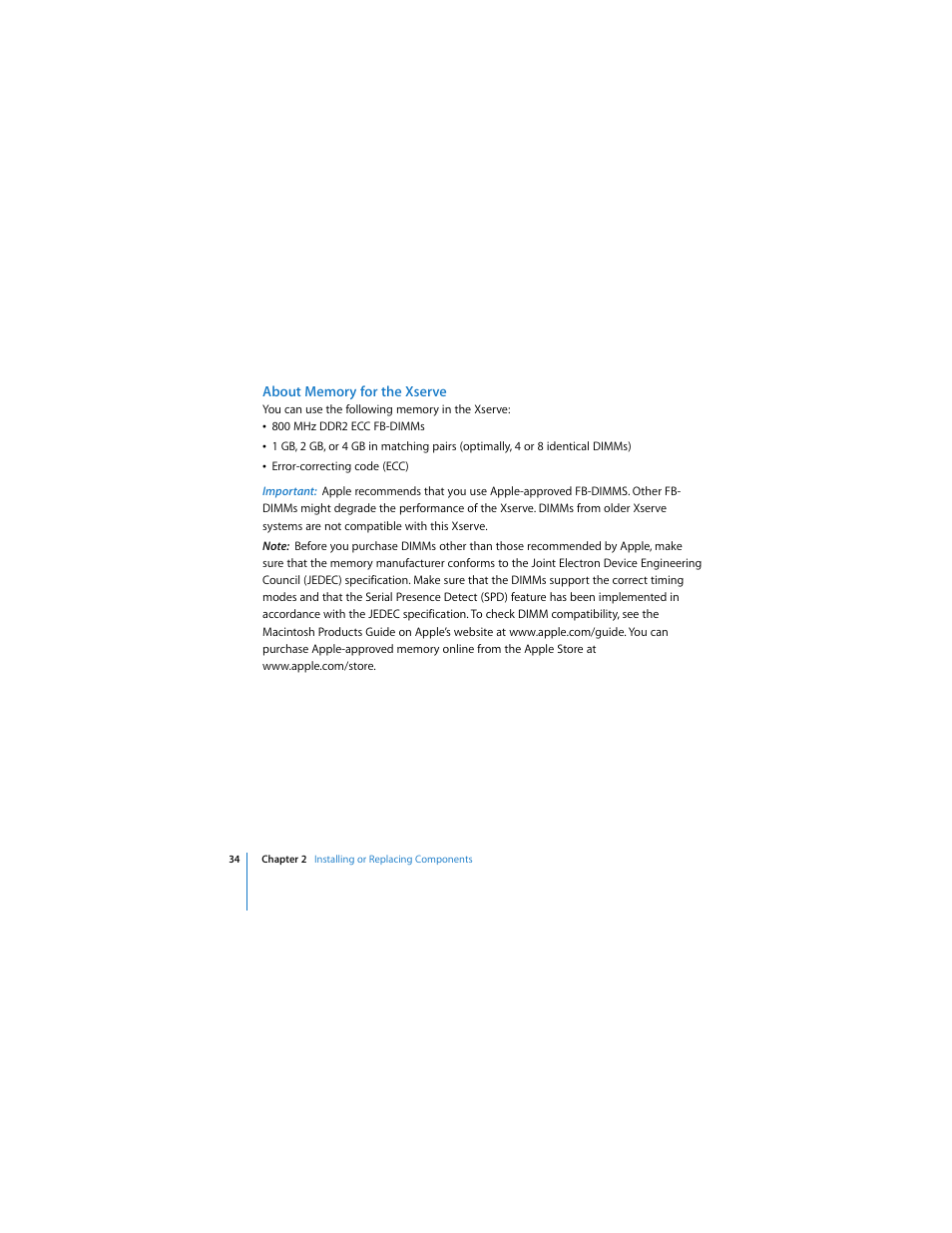About memory for the xserve | Apple Xserve (Early 2008) User Manual | Page 34 / 60
