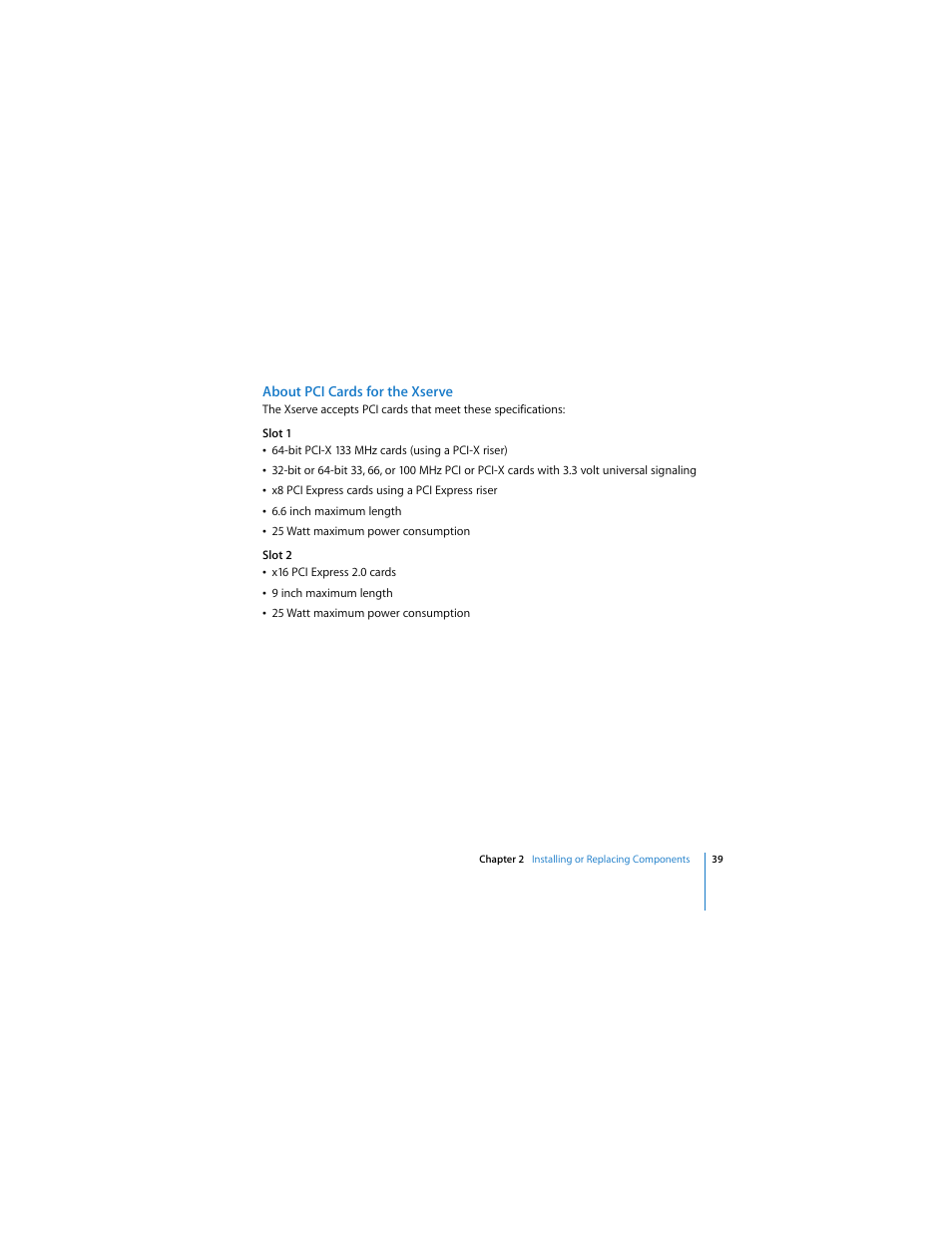 About pci cards for the xserve | Apple Xserve (Early 2008) User Manual | Page 39 / 60