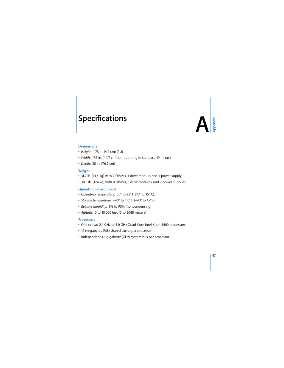 Specifications | Apple Xserve (Early 2008) User Manual | Page 47 / 60