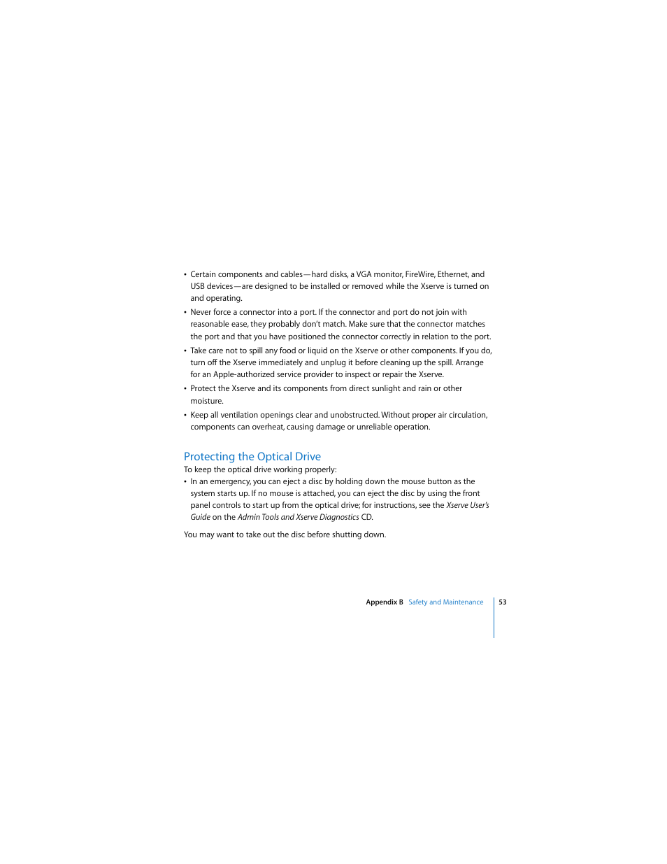 Protecting the optical drive | Apple Xserve (Early 2008) User Manual | Page 53 / 60