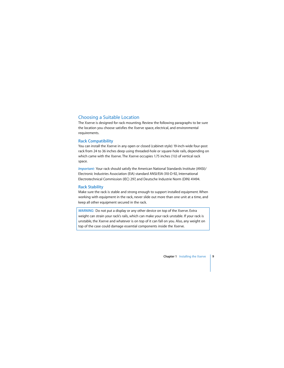 Choosing a suitable location, Rack compatibility, Rack stability | Apple Xserve (Early 2008) User Manual | Page 9 / 60