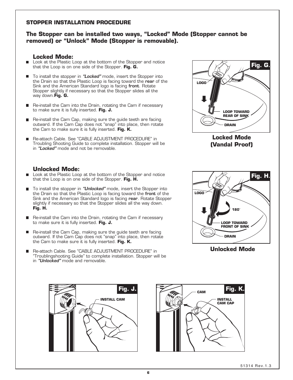 Locked mode, Unlocked mode, Fig. j. fig. k | Fig. h. locked mode (vandal proof), Fig. g | American Standard Bathroom Faucet User Manual | Page 2 / 3