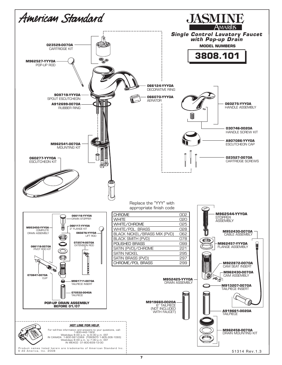 Single control lavatory faucet with pop-up drain, Replace the "yyy" with appropriate finish code | American Standard Bathroom Faucet User Manual | Page 3 / 3