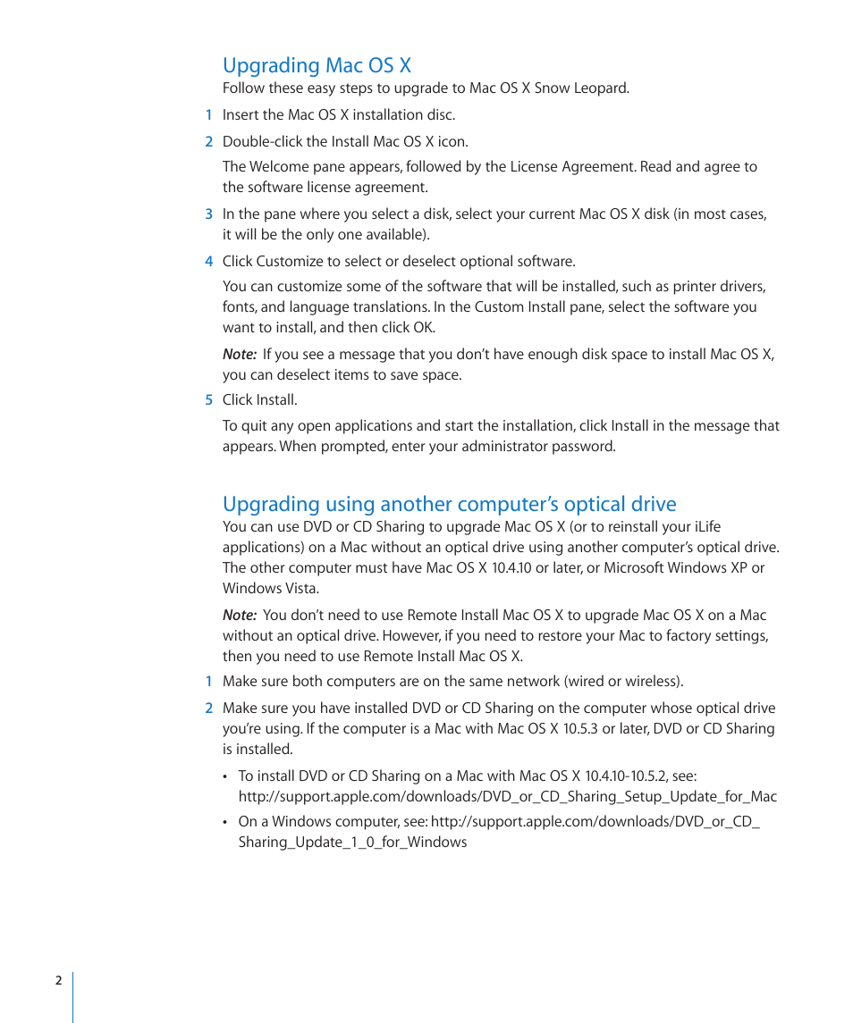 Upgrading mac os x, Upgrading using another computer’s optical drive | Apple Mac OS X v10.6 Snow Leopard User Manual | Page 2 / 7