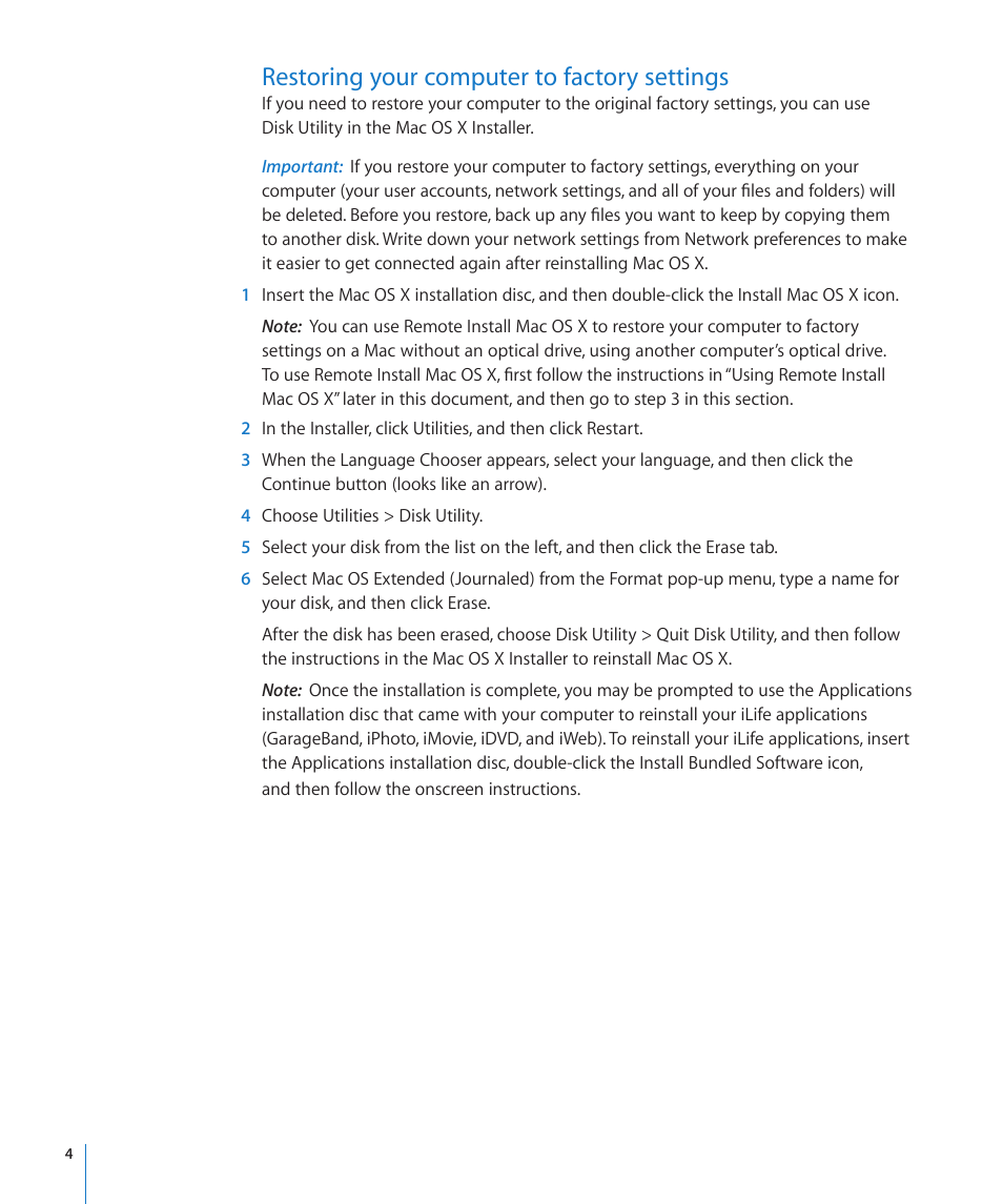 Restoring your computer to factory settings | Apple Mac OS X v10.6 Snow Leopard User Manual | Page 4 / 7