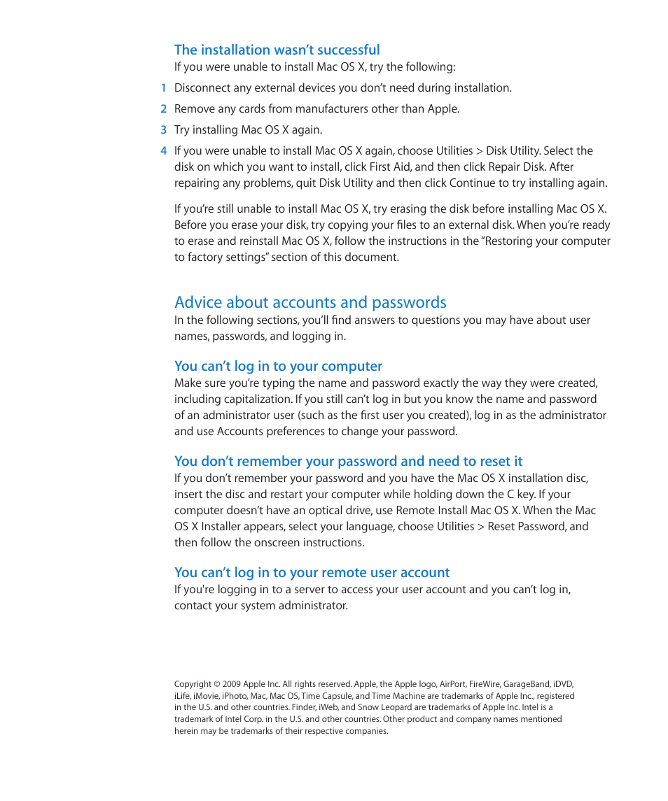 Advice about accounts and passwords | Apple Mac OS X v10.6 Snow Leopard User Manual | Page 7 / 7