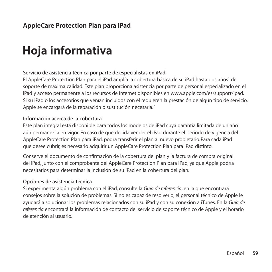 Hoja informativa, Applecare protection plan para ipad | Apple AppleCare Protection Plan for iPad User Manual | Page 59 / 96