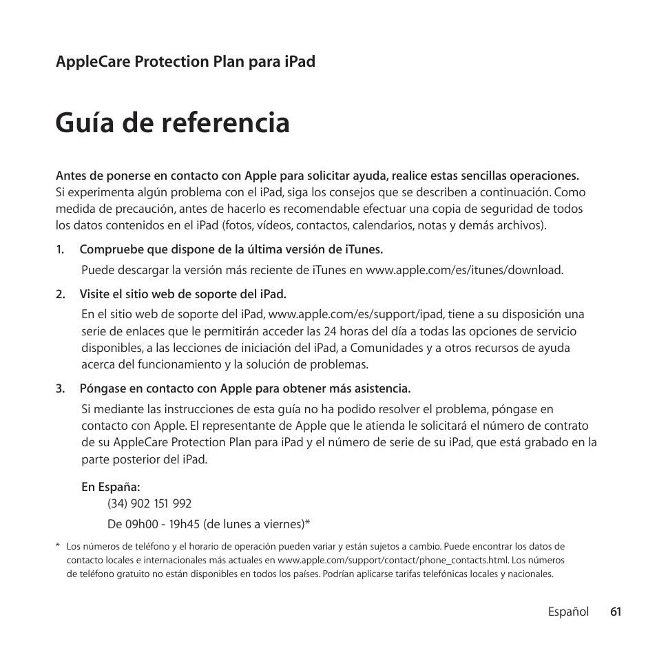 Guía de referencia, Applecare protection plan para ipad | Apple AppleCare Protection Plan for iPad User Manual | Page 61 / 96