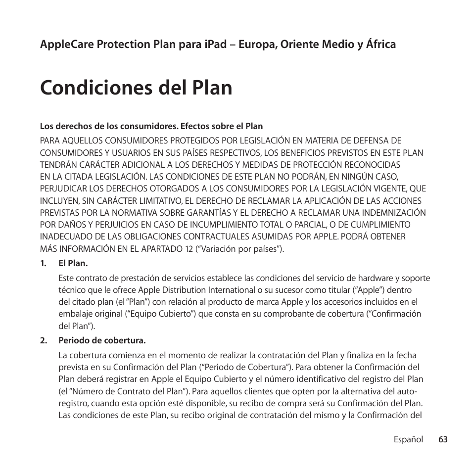 Condiciones del plan | Apple AppleCare Protection Plan for iPad User Manual | Page 63 / 96