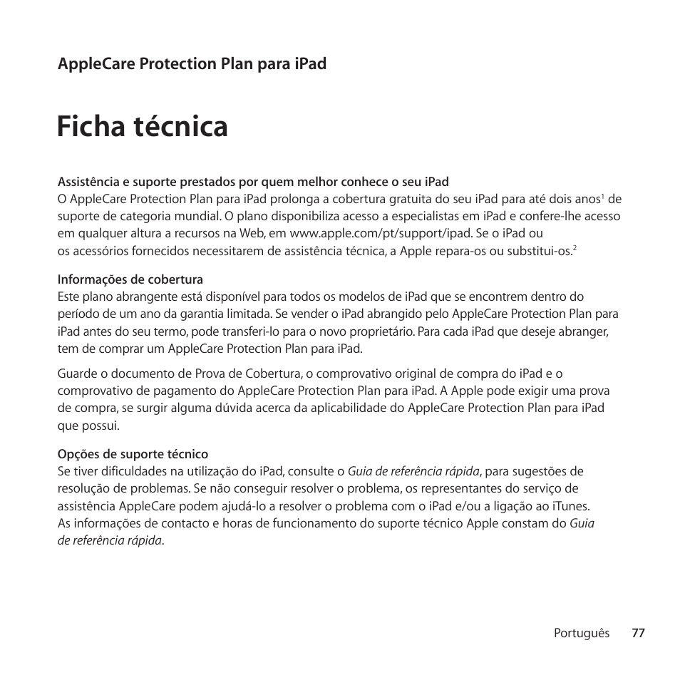 Ficha técnica, Applecare protection plan para ipad | Apple AppleCare Protection Plan for iPad User Manual | Page 77 / 96