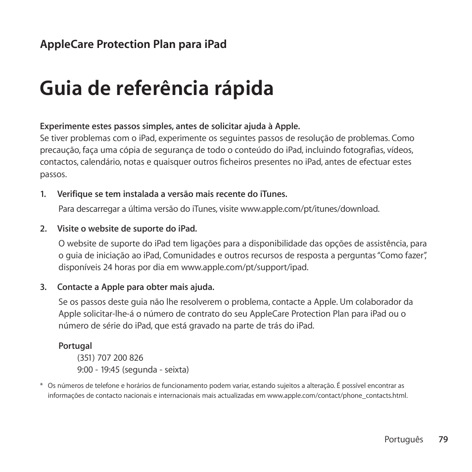 Guia de referência rápida, Applecare protection plan para ipad | Apple AppleCare Protection Plan for iPad User Manual | Page 79 / 96