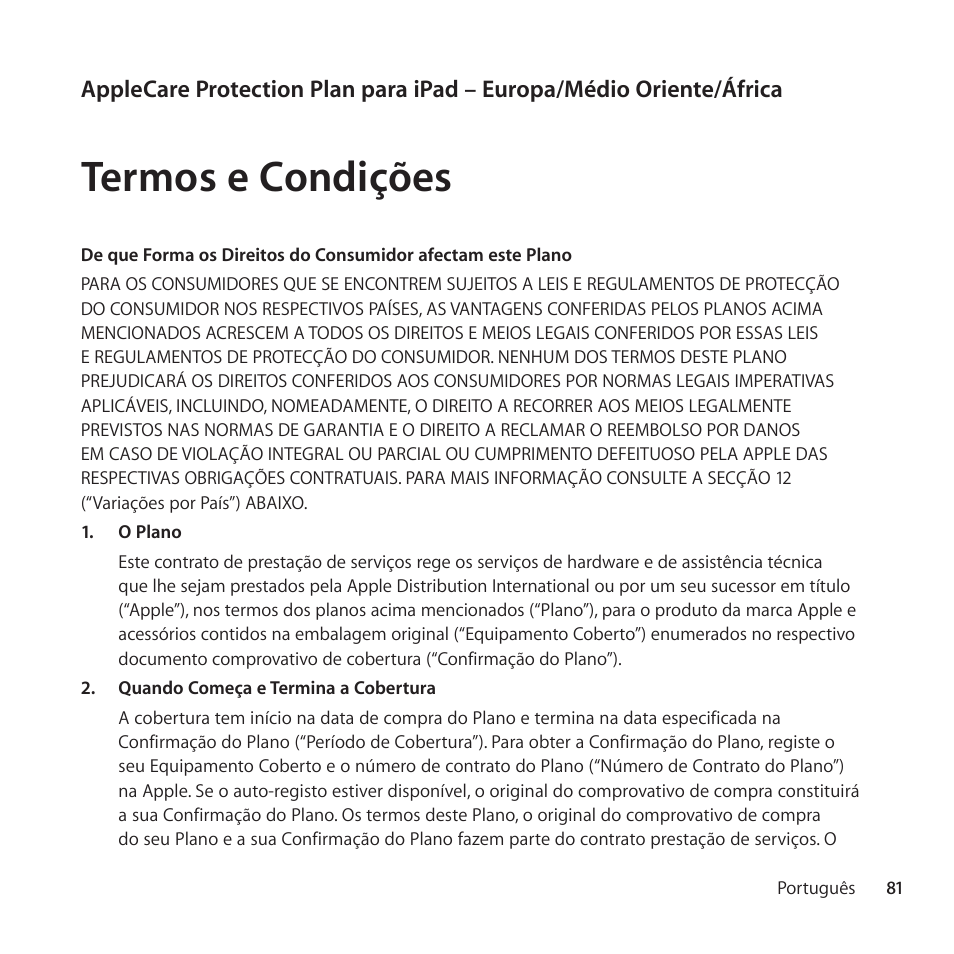 Termos e condições | Apple AppleCare Protection Plan for iPad User Manual | Page 81 / 96