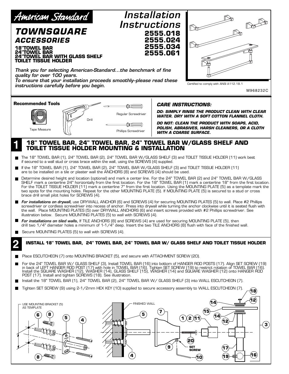 American Standard TownSquare Accessories 2555.034 User Manual | 3 pages